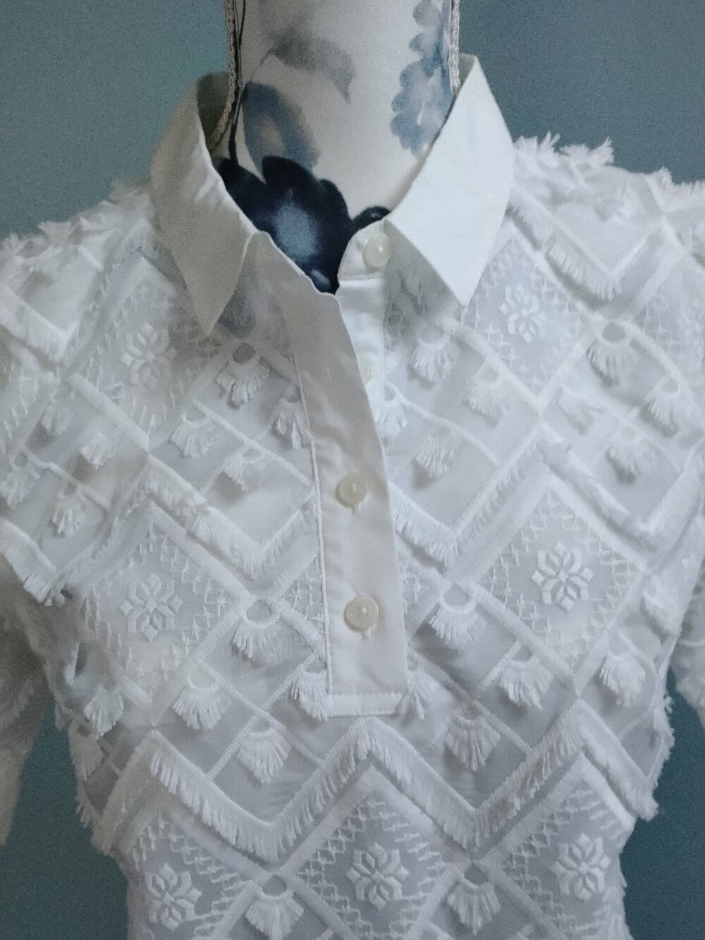 Banana Republic Embroidered Fringe Polo Collar Shift Dress White XS P - Picture 4 of 10